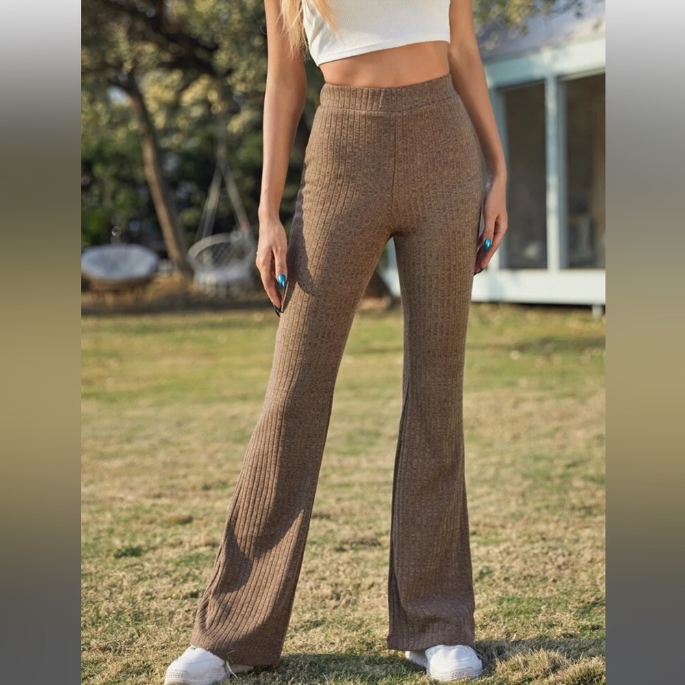 Shein Rib-Knit Flare Leg Solid Pants